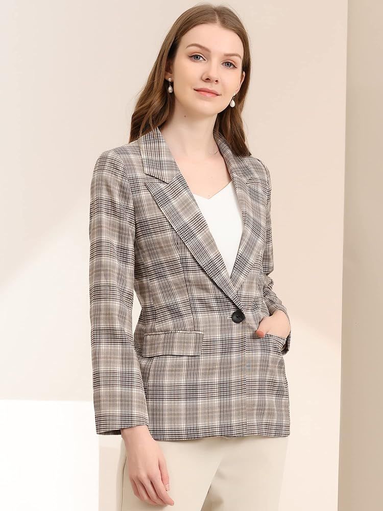 Allegra K Women's Plaid Notched Lapel One Button Houndstooth Blazer Jacket | Amazon (US)