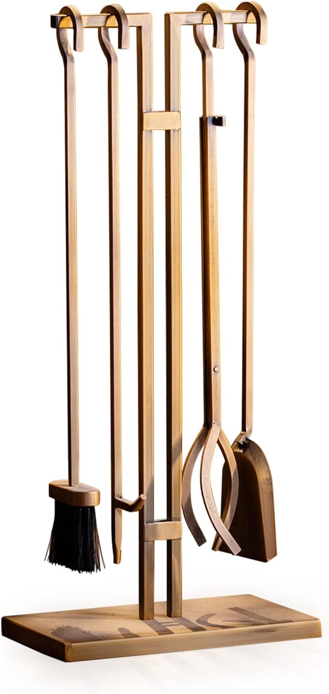 FLAMELY 4-Piece Fireplace Tools Set. Easy to Assemble Brass Plated Poker, Shovel, Tongs & Brush. ... | Amazon (US)