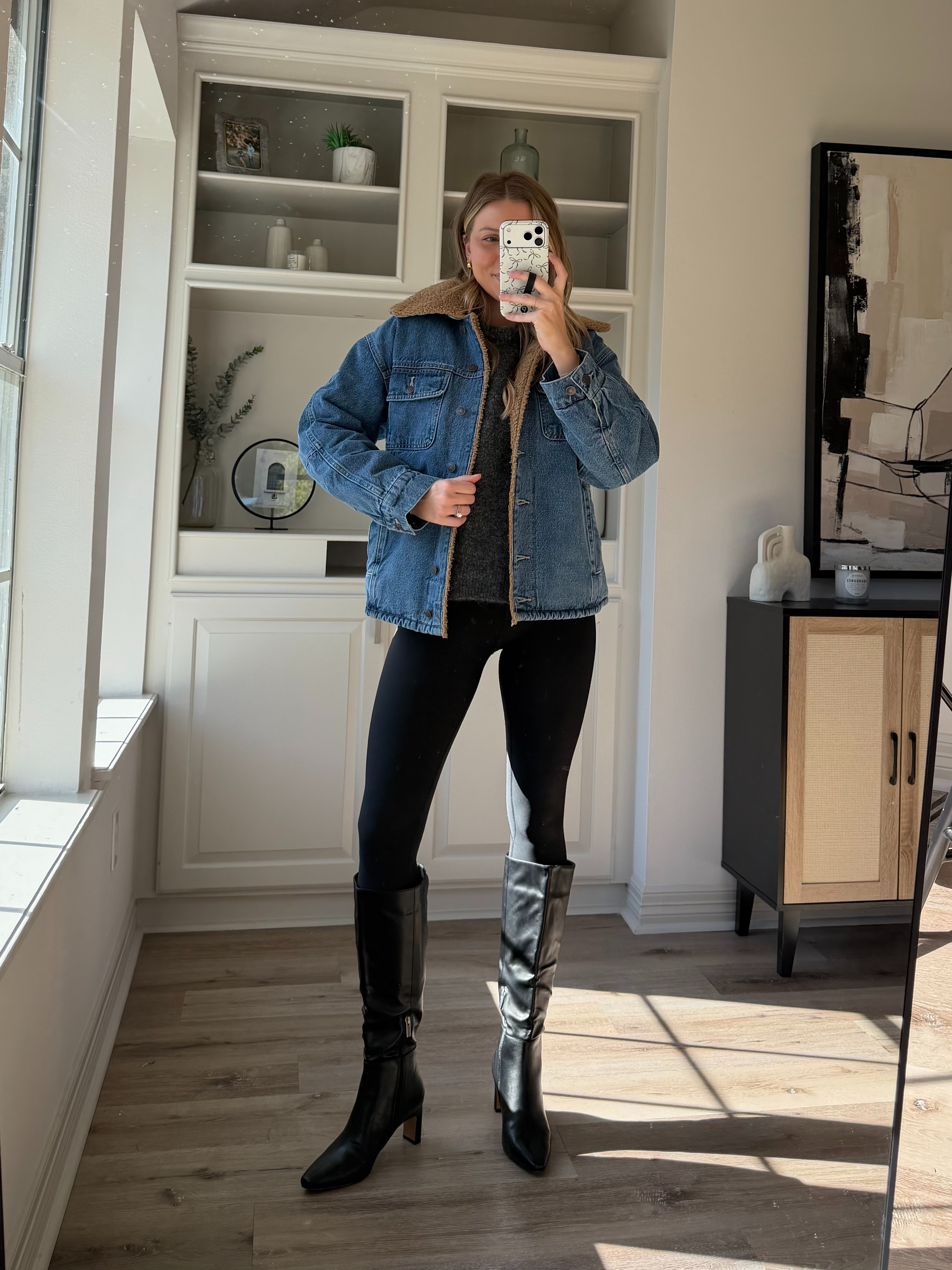 Chic outfit inspo for fall and winter! Wearing small in both sweater and denim jacket. 

 #LTKHoliday #LTKFindsUnder50 #LTKFindsUnder100