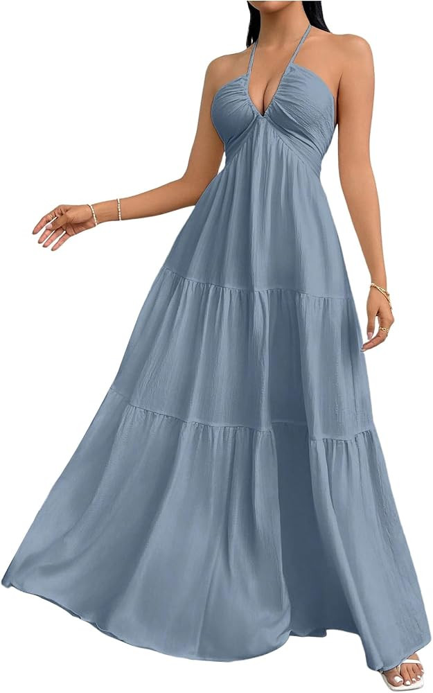 SHENHE Women's Deep V Neck Backless Halter Flowy Dress | Amazon (US)