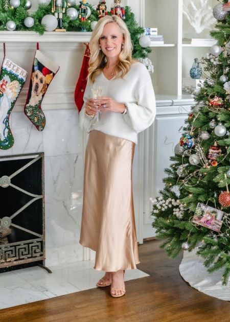 New Years Holiday Look: champagne maxi skirt, white sweater, Stewart Weitzman ankle strap heels

#LTKSeasonal #LTKstyletip #LTKHoliday