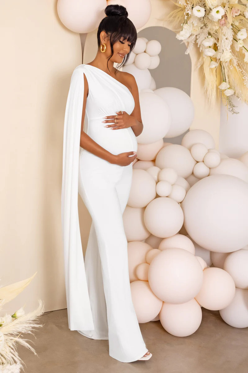Sing To Sleep | White Maternity One Shoulder Cape Jumpsuit | Club L London
