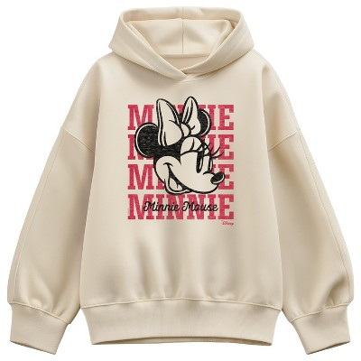 Women's Disney Minnie Collegiate Repeated Oversized Fleece Hoodie Sweatshirt - Cream - X-Large | Target