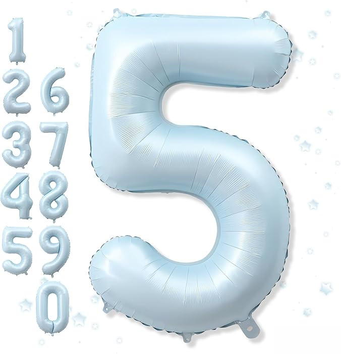 Big Number 5 Balloons, Dusty Light Blue Foil 5 Balloon Numbers 40 Inch, Giant 5th Birthday Party ... | Amazon (US)