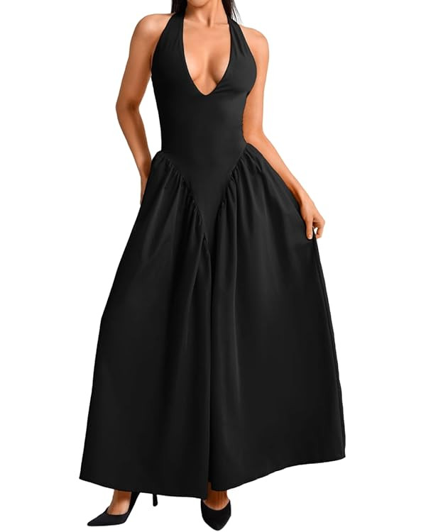 Deep V Neck Dress, Halter Maxi Dresses, Vacation Date Night, Sexy for Women Corset Flowy Wedding ... | Amazon (US)