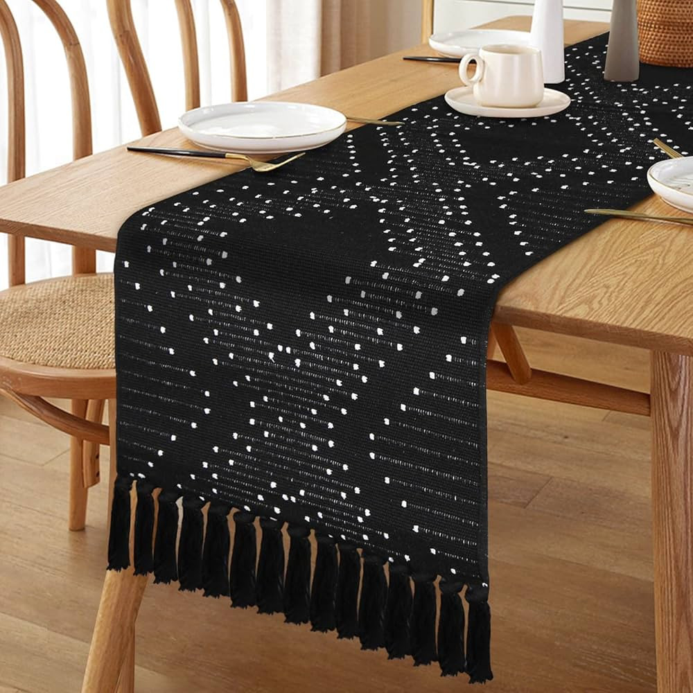 Black and White Table Runner, Farmhouse Rustic Boho Morden Table Runner with Tassels, Coffee Tabl... | Amazon (US)