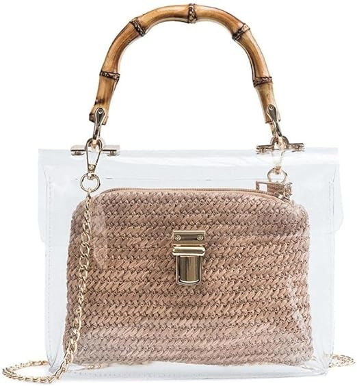 ZYYMMNN Handbag with Bamboo Handle Summer Small Chain Crossbody Bags Straw Beach Bags Transparent... | Amazon (US)