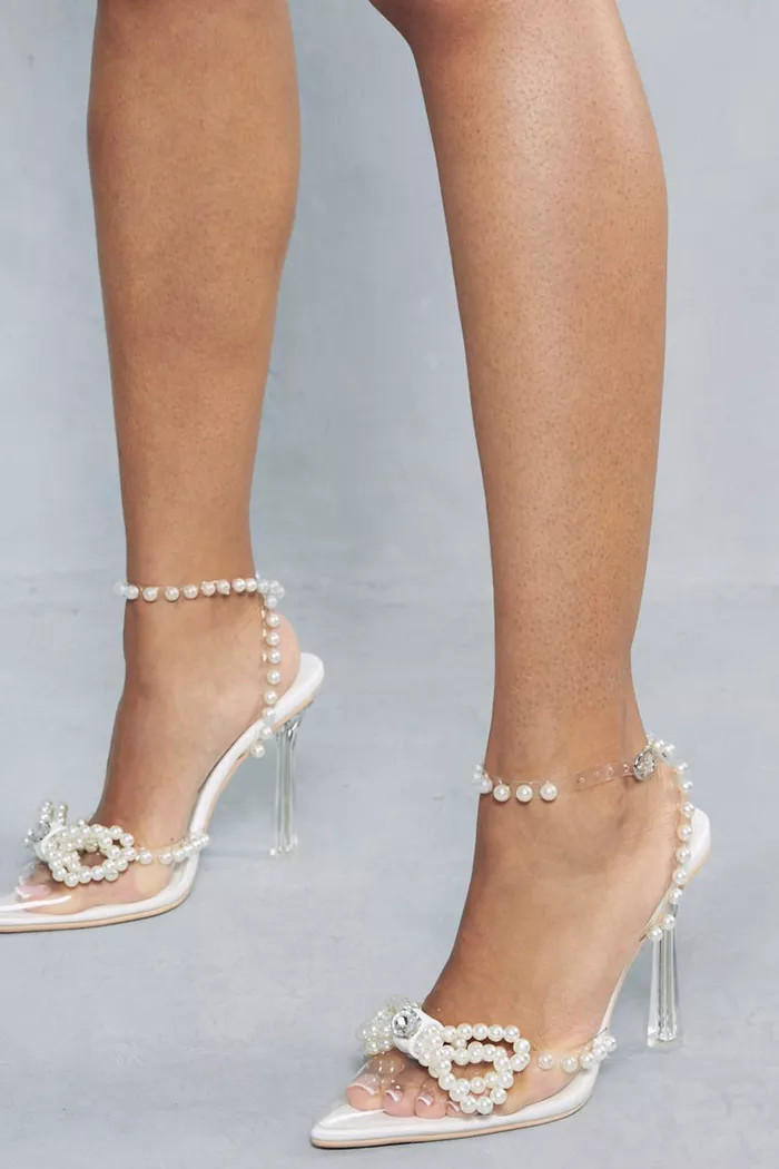 Premium Embellished Pearl Bow Heels | Boohoo.com (UK & IE)
