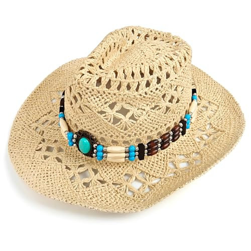 Straw Cowboy Hat for Women & Men – Breathable Woven Sun hat with Decorative Band, Adjustable fit, UV Protection – Perfect for Beach, Festival, Hiking, Country Concerts (Khaki) | Amazon (US)