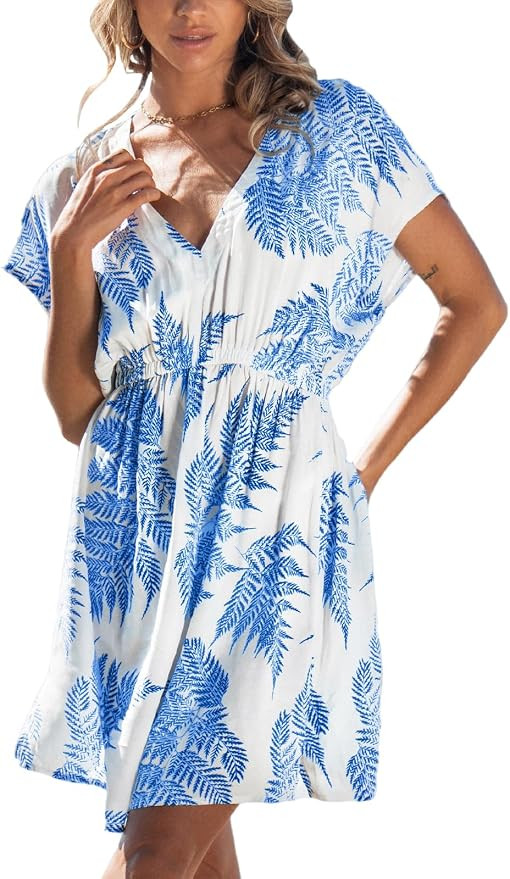 CUPSHE Women's Swimsuit Coverup Dress Short Sleeve Casual Summer Printed Beach Cover Ups Sundress | Amazon (US)