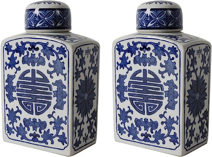 Amazon.com: A&B Home 9'' Rectangular Blue White Ceramic Jar Set of 2 Home Decor Vase with Lid Cen... | Amazon (US)