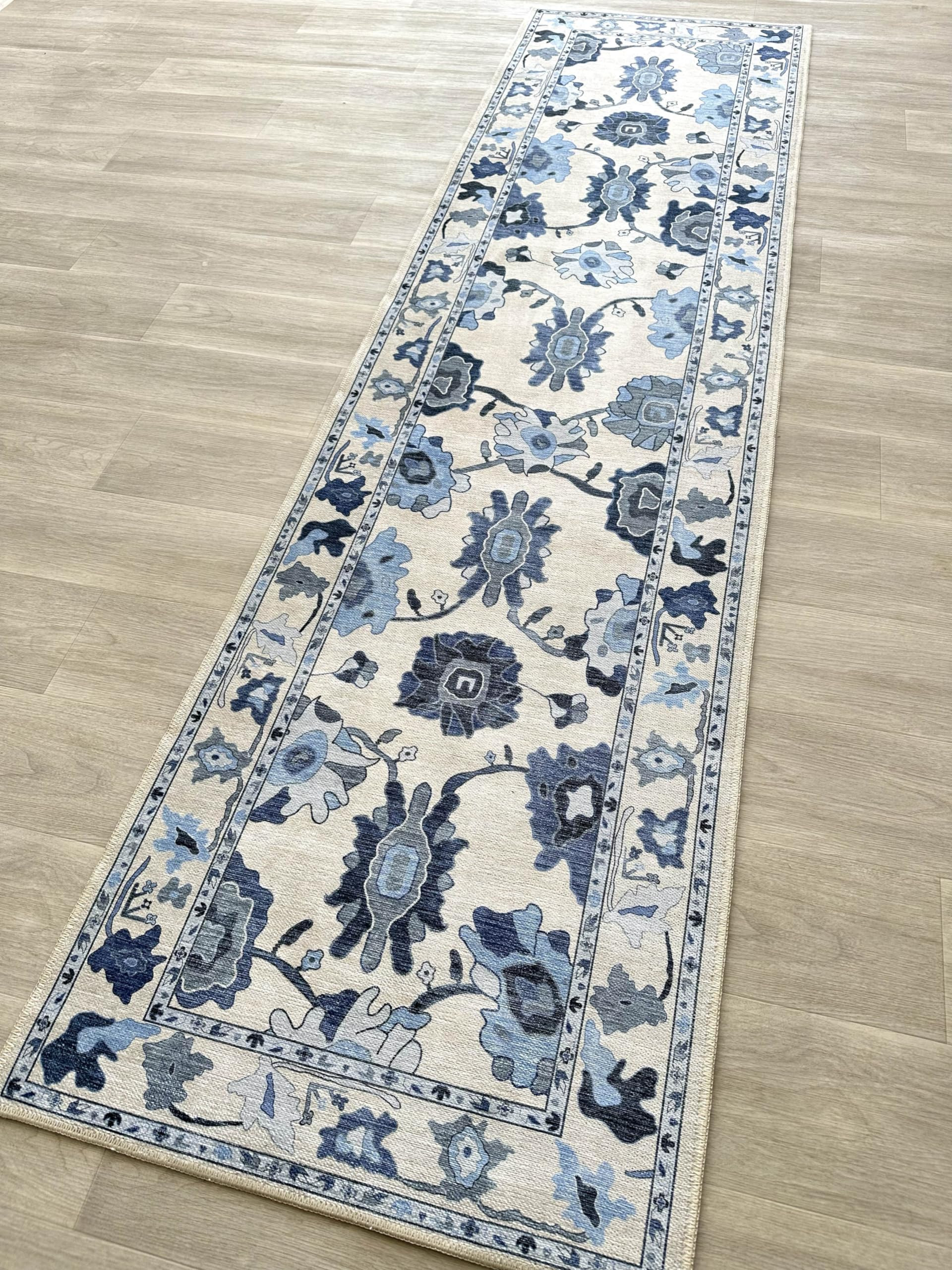 Navy Blue Oushak Runner Rug, Modern Runners, Vintage, Turkish, Eclectic, Floral, Pastel, Washable... | Amazon (US)