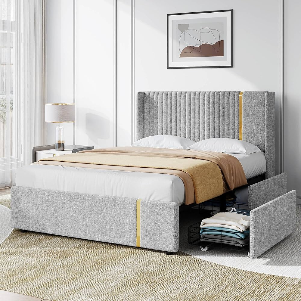 DWVO Full Size Bed Frame with Drawers, Storage Upholstered Platform Headboard, Gold and Grey Line... | Amazon (US)