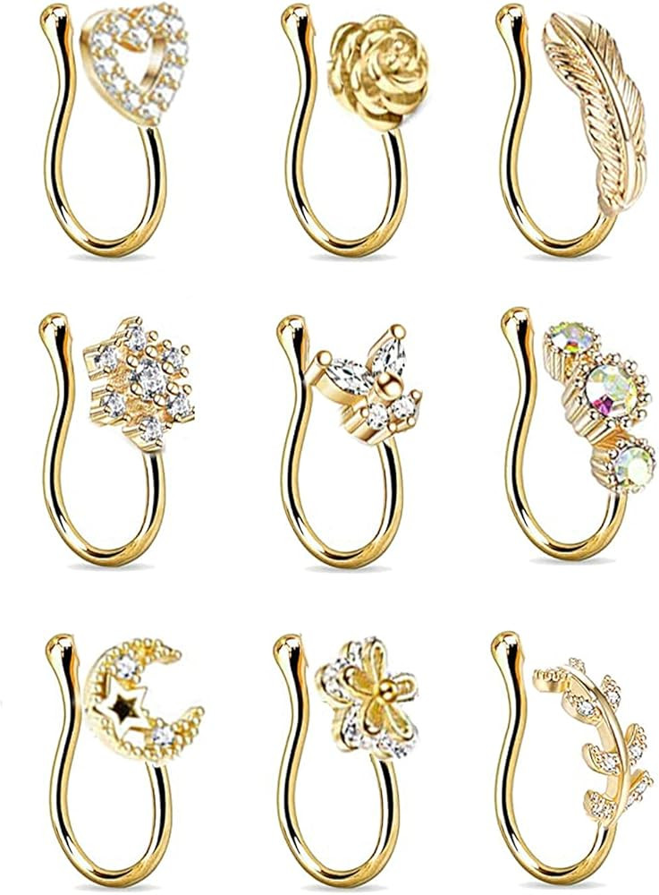 YOVORO 9Pcs Fake Nose Rings Hoop for Women Girls Faux Cartilage Tragus Ring Nose Cuff Non Piercin... | Amazon (US)