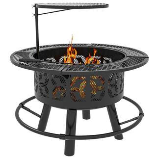 2-in-1 Fire Pit BBQ Grill 33" Portable Wood Burning Firepit with Adjustable Cooking Grate, Camping Bonfire Stove Black | The Home Depot