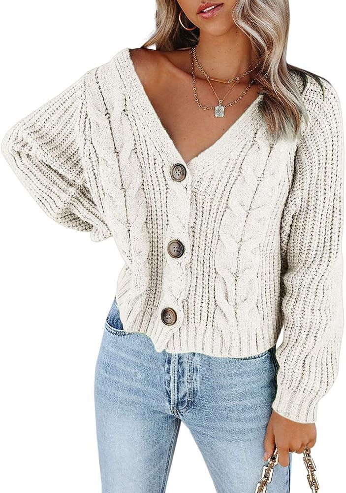 CCBSTS Womens Cable Knit Button Down Cardigan Sweaters V Neck Long Sleeve Loose Solid Sweater Out... | Amazon (US)