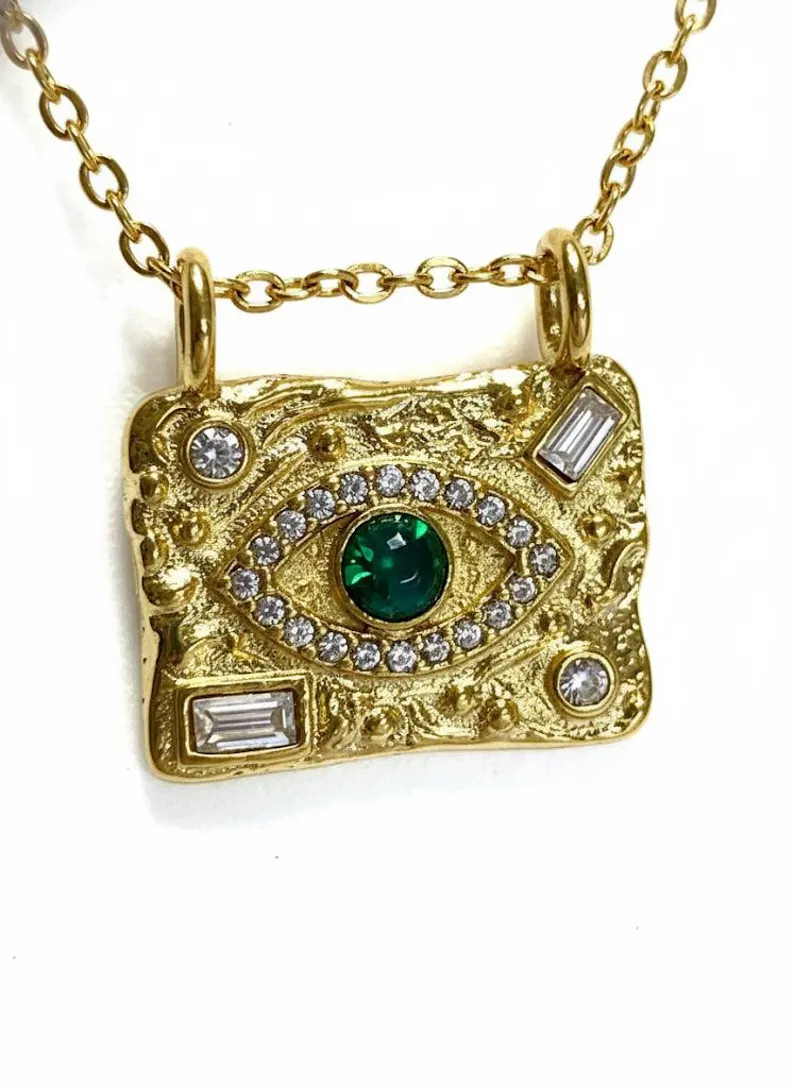 Gold Malachite Evil Eye Necklace: Waterproof Steel Pendant - Etsy | Etsy (US)