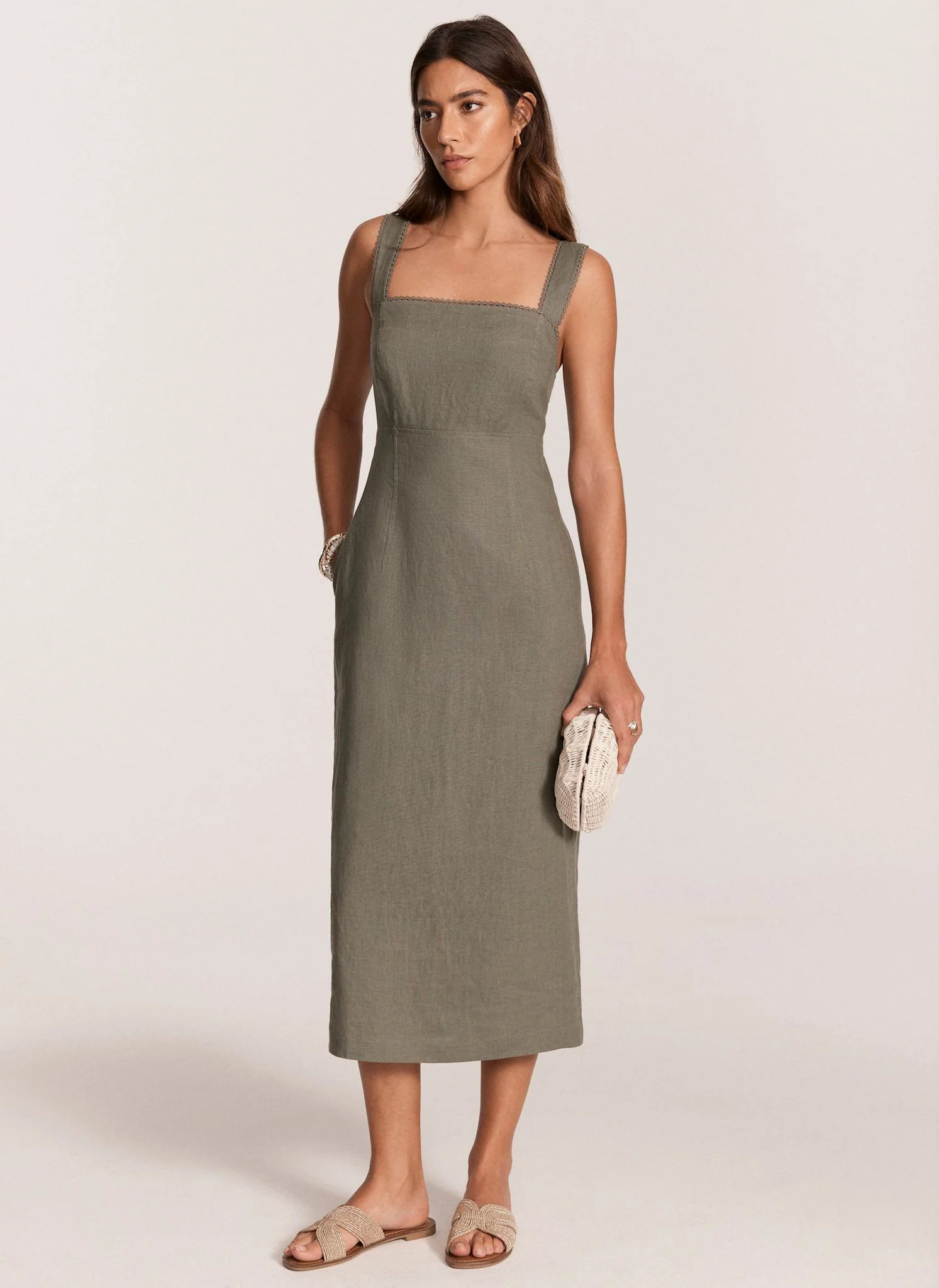 Khaki Linen Midi Dress | Mint Velvet