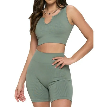 IUUI Workout Sets For Women Matching 2 Piece Summer Outfits Trendy Seamless Top High Waist Ribbed Sh | Walmart (US)
