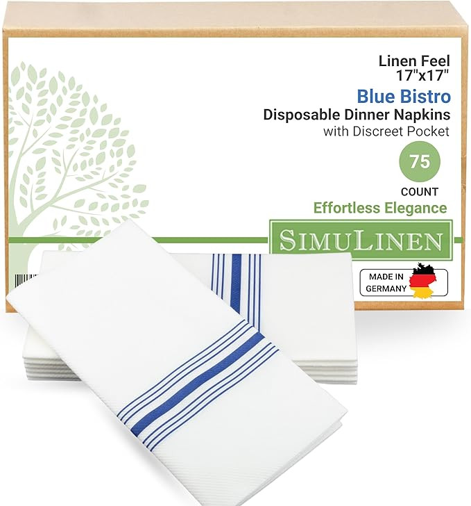 SimuLinen – White & Blue Bistro – Disposable Dinner Napkins with Discreet Pocket for Utensils... | Amazon (US)