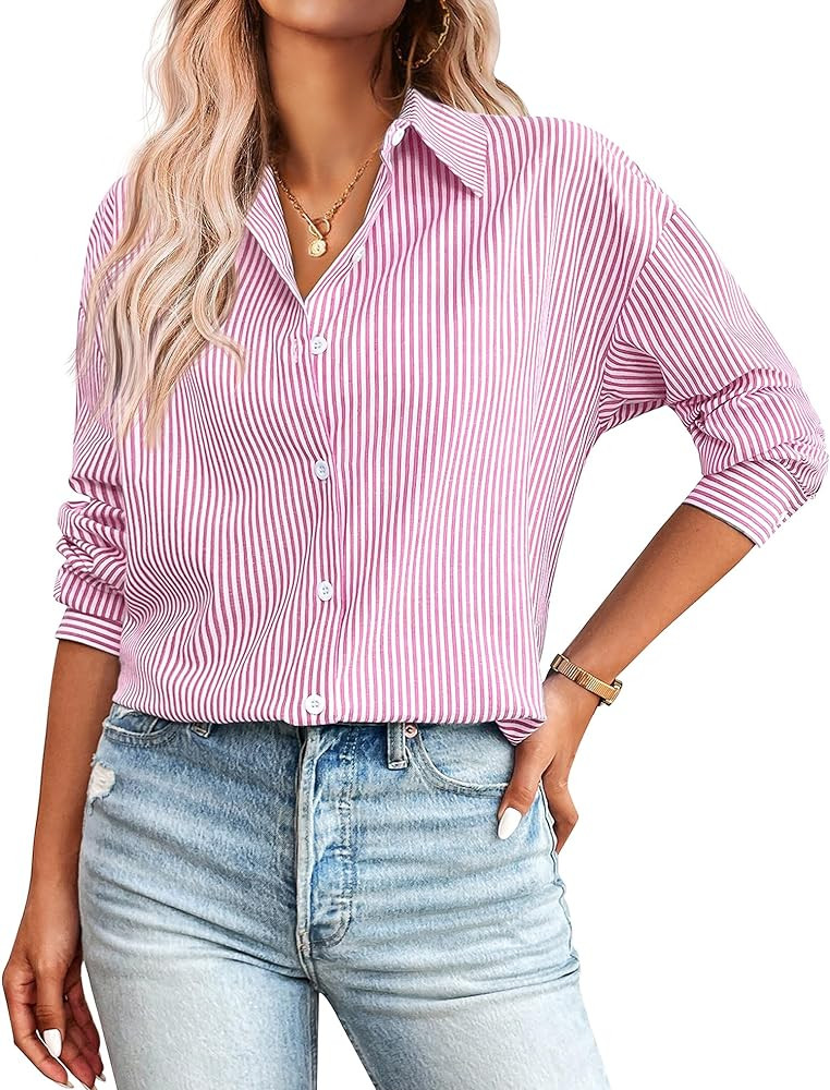 Zeagoo Womens Button Down Shirts for Women Loose Striped Long Sleeve Cotton Blouses Dressy Casual... | Amazon (US)