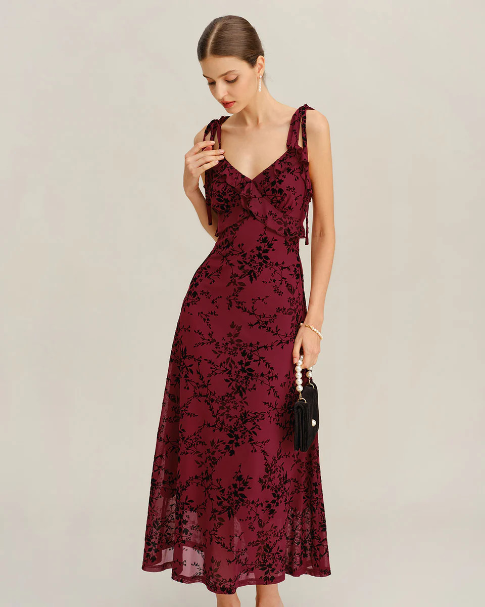 Red Floral Ruffle Slip Midi Dress | rihoas.com