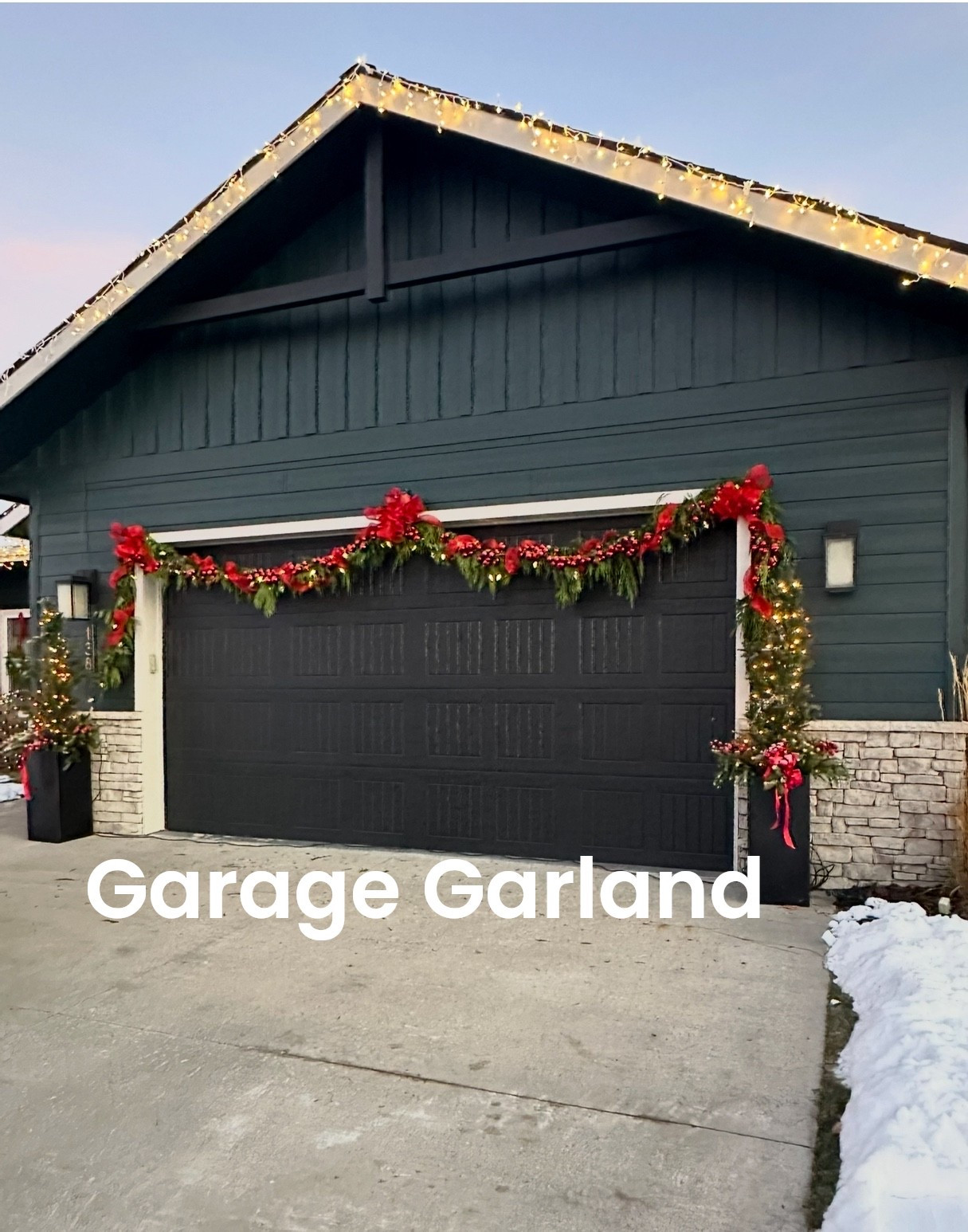 Garage Christmas Garland
This entire look is shockingly easy to recreate. I used two 25-ft cedar garlands as the base and layered on five red ball garlands for instant fullness. I added lighting and finished it with bright red ribbon for that classic Christmas pop.

I hang mine with nails in my siding, and you can hang it higher or with less swag, if needed to clear your vehicle vehicles.  Also, I secure it with zip ties so it doesn't go anywhere.
Shop everything I used below.

#christmasdecor #holidaygarland #garagestyles

#LTKHoliday #LTKHome
