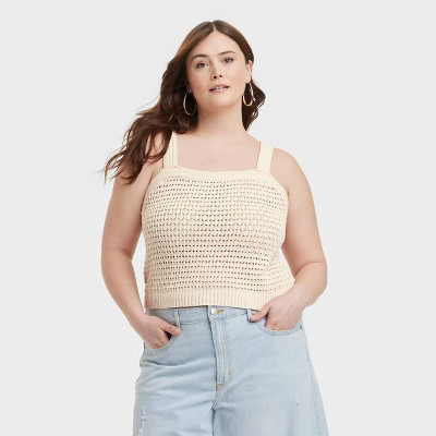Women's Openwork Sweater Tank - Universal Thread™ Cream 2X: Cotton, Asymmetrical Neckline, Ribbed Hem | Target