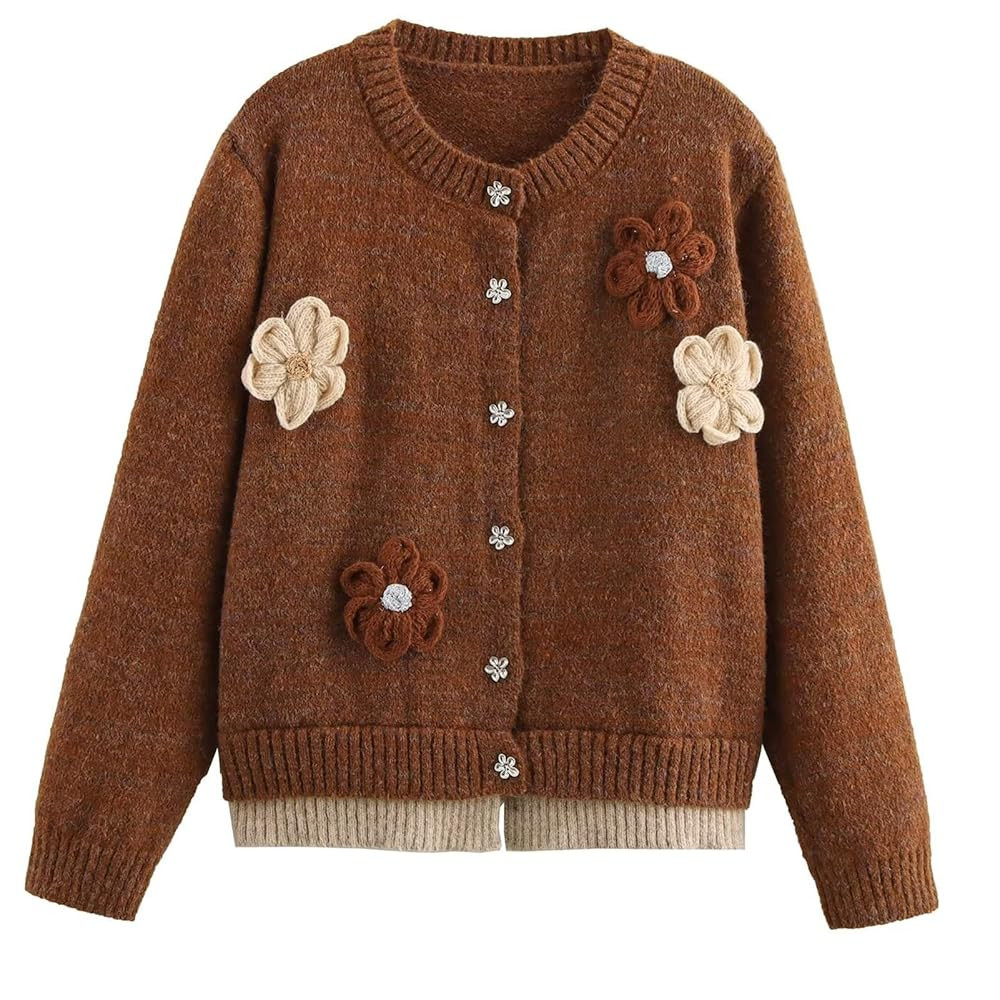 HOULENGS Women's Cute Long Sleeve Flower Print Cardigan Sweater Casual Round Neck Button Down Kni... | Amazon (US)