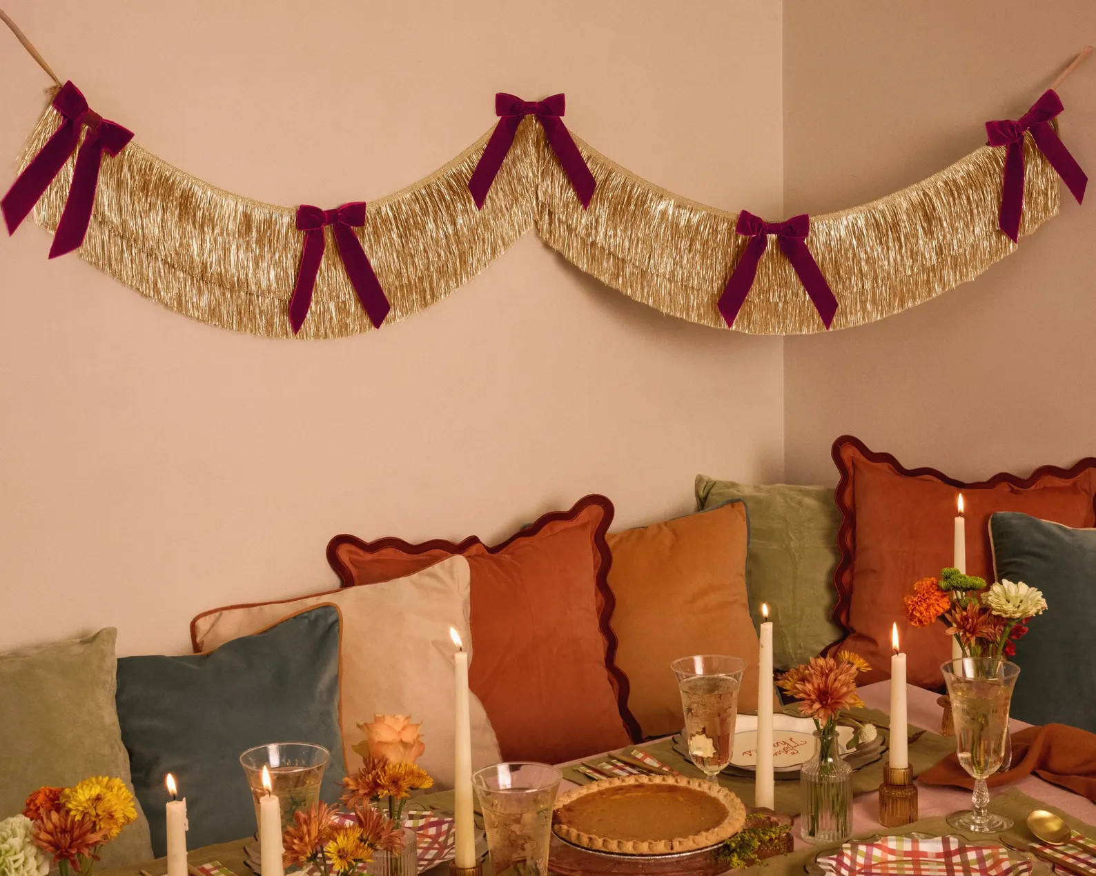 Xo, Fetti Gold Fringe + Red Velvet Bow Banner 6 Ft. | Bachelorette Decor, Christmas Party, Bridal... | Etsy (US)