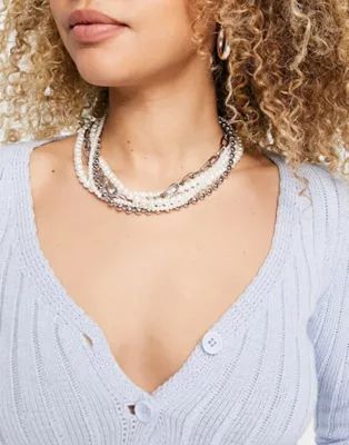 ASOS DESIGN multirow necklace in pearl and hardware chain in silver tone | ASOS (Global)