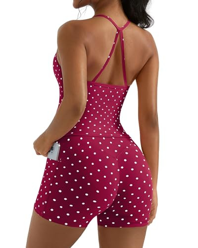 OMKAGI 2 Piece Workout Sets for Women Padded Sports Bra Tank Booty Gym Shorts with Pockets(XL,284-Large Polka Dots-Burgundy) | Amazon (US)