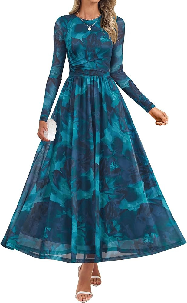 ZESICA Women's Maxi Dress 2025 Fall Long Sleeve Crewneck Floral Print Mesh Ruched Party Wedding G... | Amazon (US)