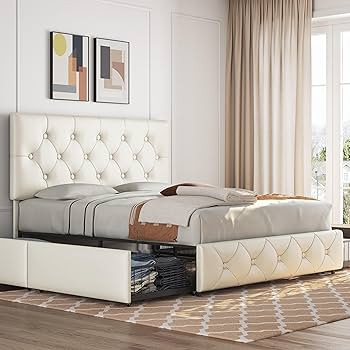 Yaheetech Queen Upholstered Bed Frame with 4 Drawers and Adjustable Headboard, Faux Leather Platf... | Amazon (US)