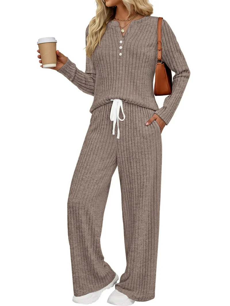 Fantaslook Two Piece Lounge Sets for Women Fall Travel Outfits Henley Neck Sweater tops Wide Leg ... | Walmart (US)