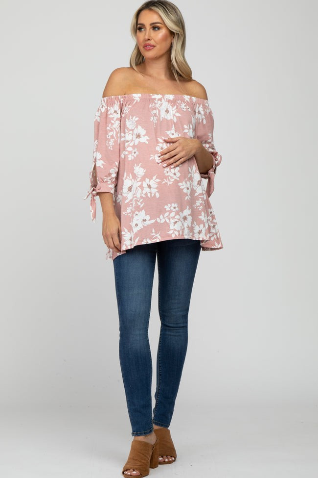 Pink Floral Off Shoulder 3/4 Tie Sleeve Maternity Top | PinkBlush Maternity