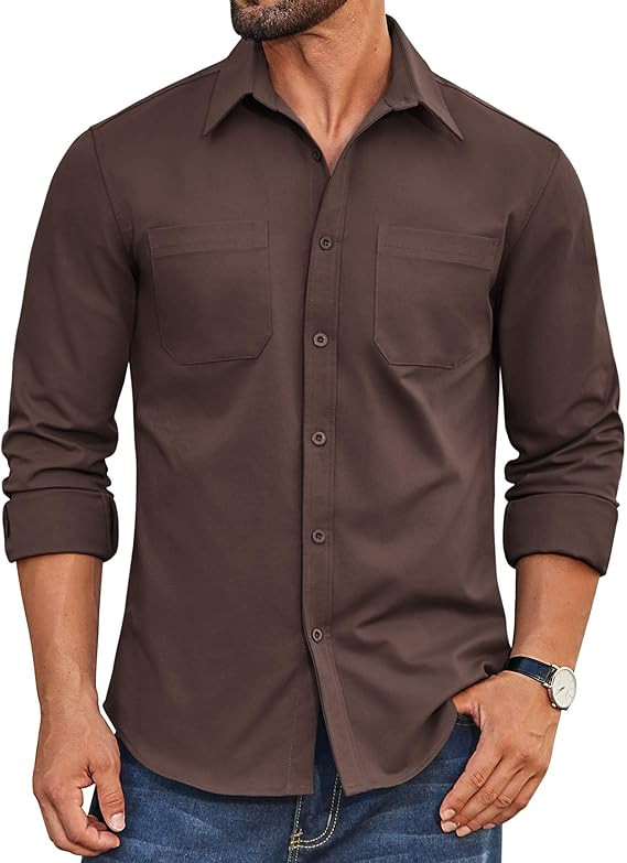 COOFANDY Mens Casual Button Down Work Shirts Untucked Long Sleeve Woven Shirt with Pockets | Amazon (US)