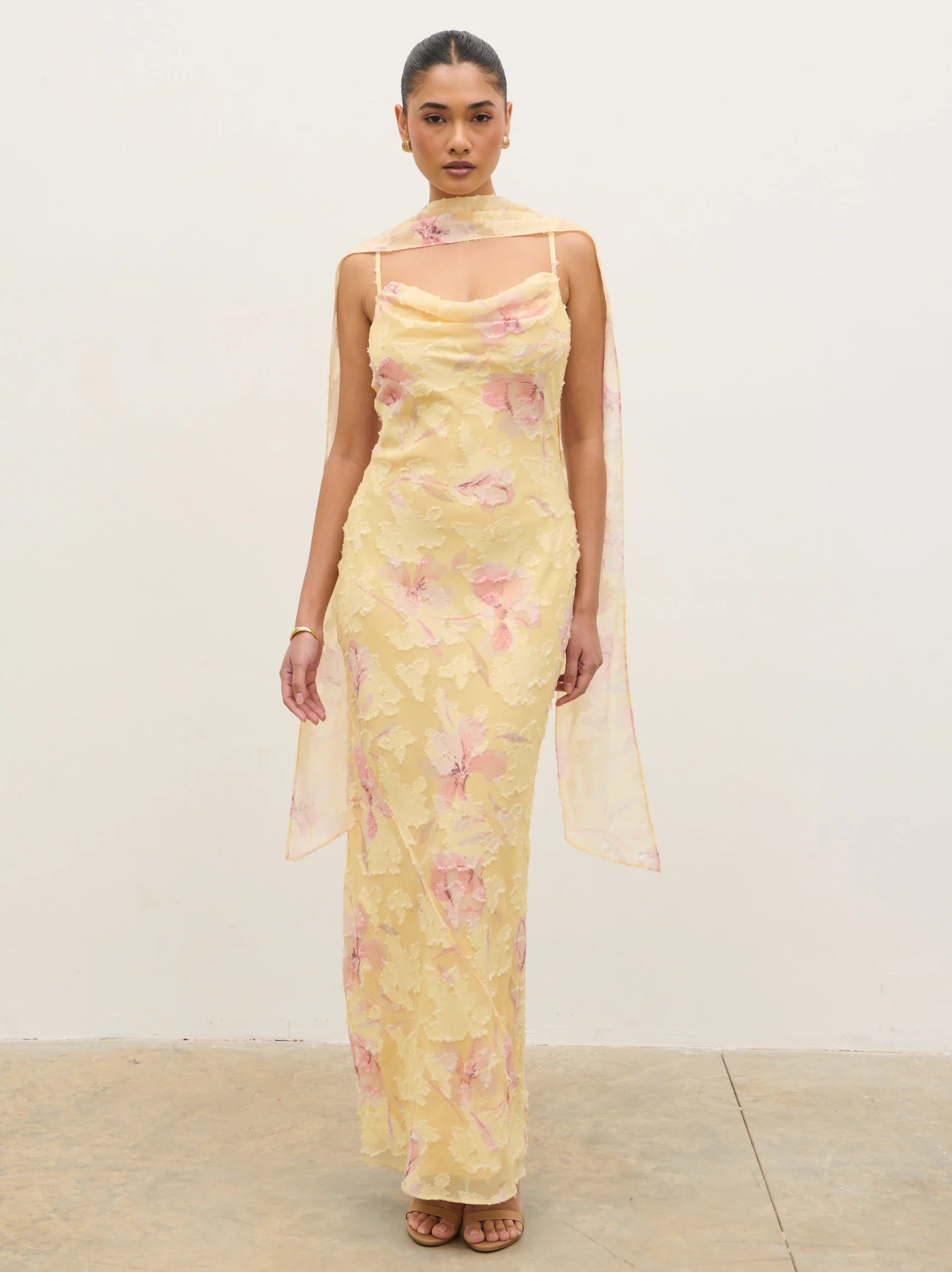 Eden Scarf Jacquard Printed Maxi Dress - Lemon Blush Floral | Pretty Lavish (UK)