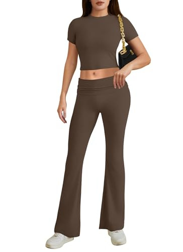 Two Piece Lounge Sets for Women Fold Over Flare Pants Short Sleeve Crop Top Y2k Outfits Matching ... | Amazon (US)