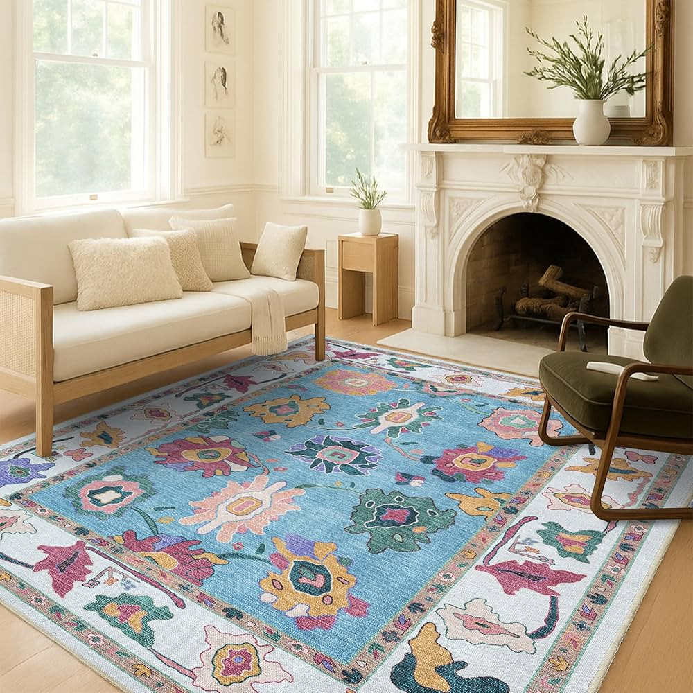 Colorful Oushak Rug, Modern, Vintage, Turkish, Eclectic, Floral, Pastel, Washable, Oversized, Ext... | Amazon (US)