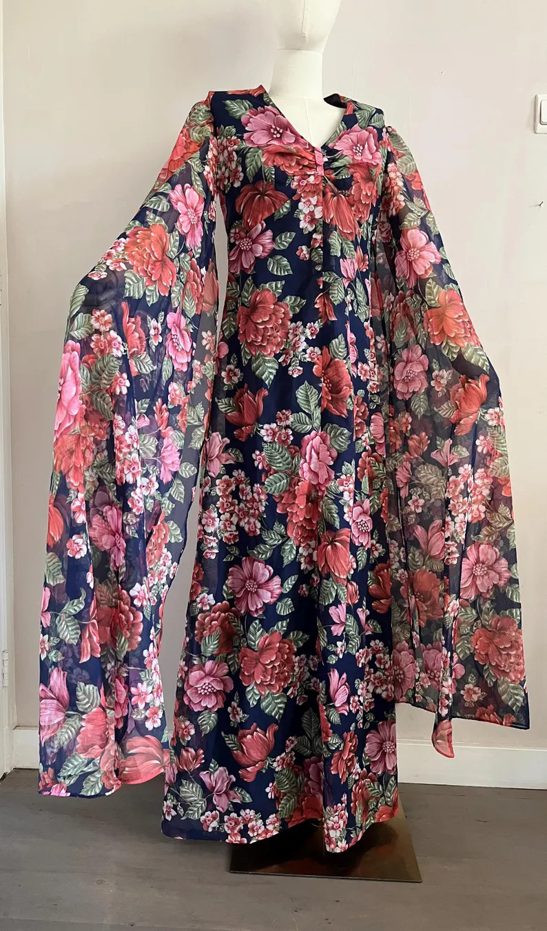 Vintage 70s Floral Dress With Angel Sleeves - 1970s Blue Red Maxi Boho Kaftan Size XS - Etsy | Etsy (US)