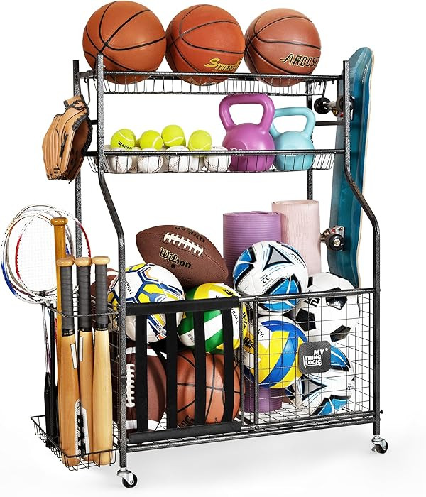 Mythinglogic Garage Sports Equipment Organizer, Ball Storage Garage Large Capacity, Sports Organizer for Garage with Hooks and Baskets, Ball Organizer for Garage for Football, Soccer Ball, Bat, Toys | Amazon (US)