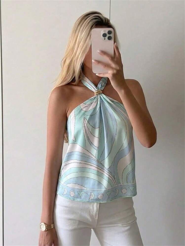Aloruh Women's Elegant Vintage Tie-Up Backless Satin Printed Blouse Holiday Banquet Holiday Light Blue Summer,Women Old Money Top,Women Summer Top | SHEIN