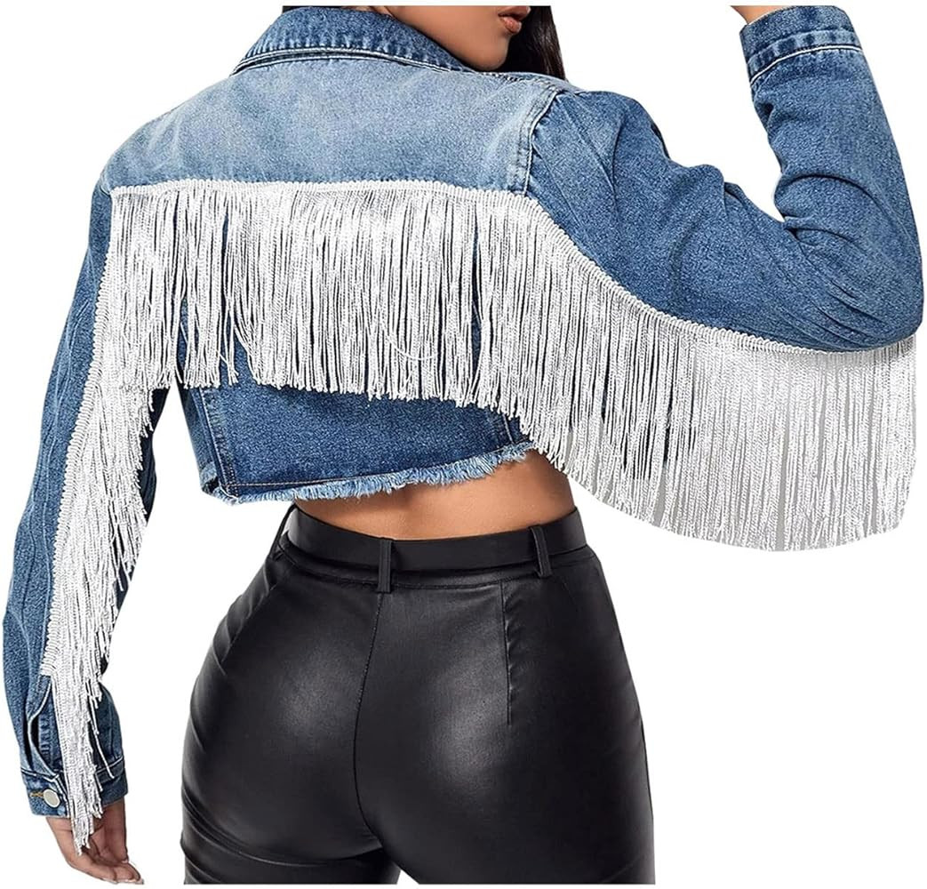 LifeShe fringe cropped denim jacket for women tassel ripped distressed jean jacket with rhineston... | Amazon (US)