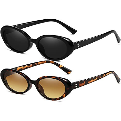 AIEYEZO Retro Oval Sunglasses for Women Fashion Small Oval Frame Sun Glasses 90s Vintage Style Shades (Black + Leopard/Brown Gradient) | Amazon (US)