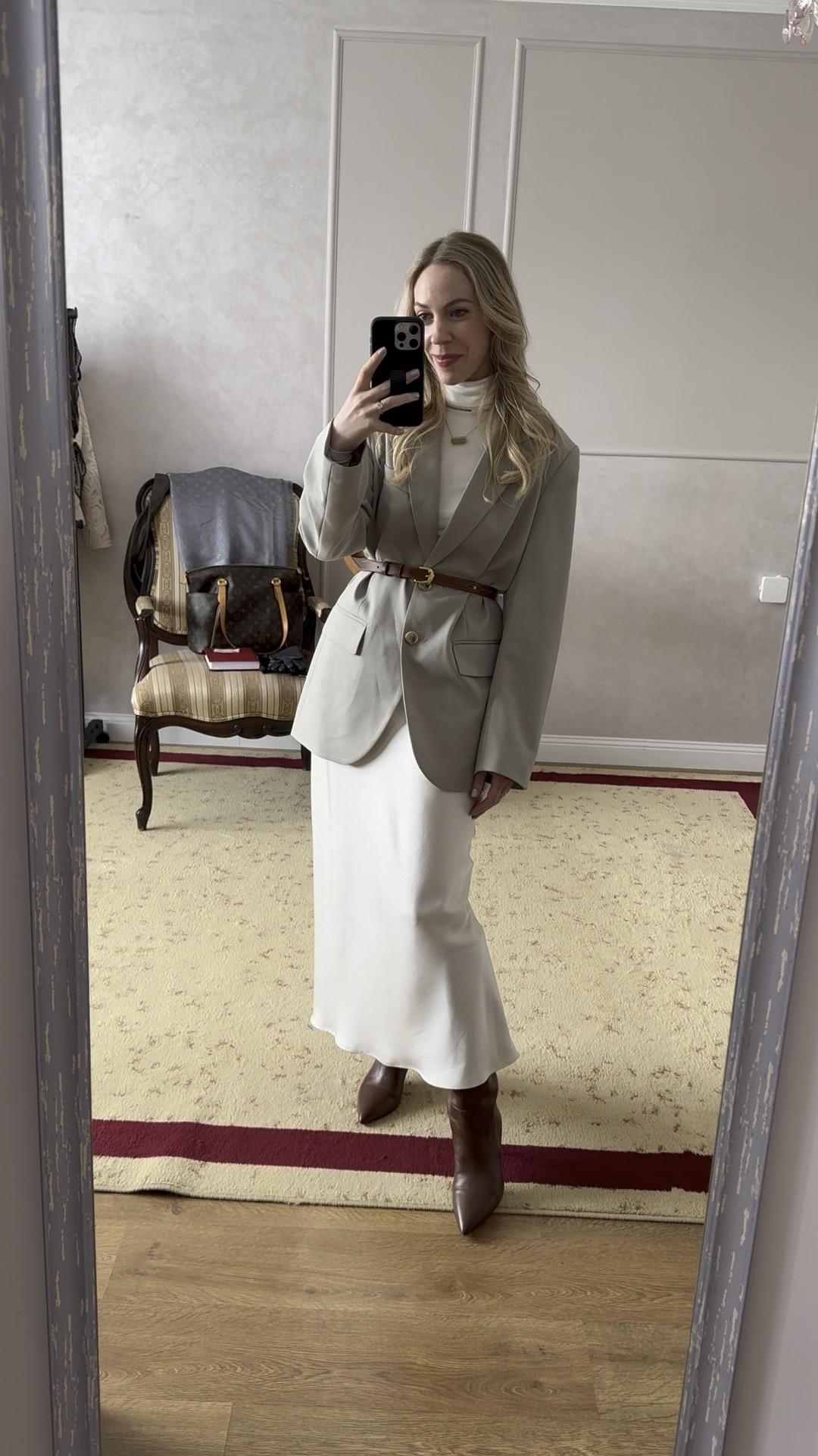 Work wear outfit, spring fashion, office look, light green blazer, Zara cream satin midi skirt, brown knee high boots, Paris Texas boots 

#LTKFindsUnder100 #LTKWorkwear #LTKShoeCrush