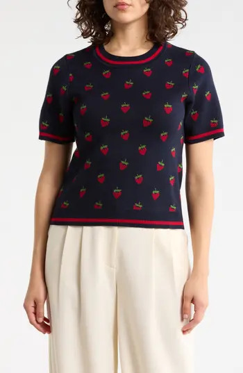 Adrianna Papell Short Sleeve Jacquard Sweater in Navy Strawberry at Nordstrom Rack, Size Medium | Nordstrom Rack