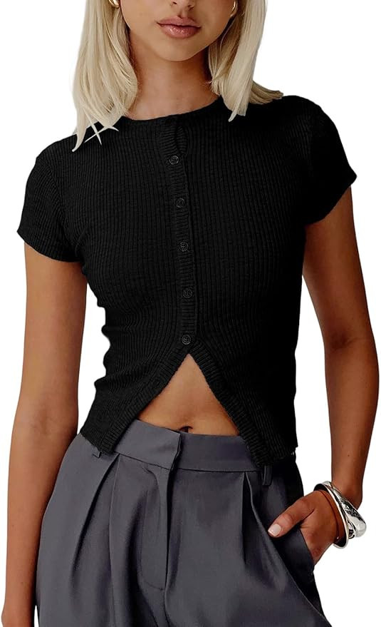 Womens Short Sleeve Sweater Tops Crew Neck Button Casual Summer Sweaters Ribbed Knit Cropped Card... | Amazon (US)