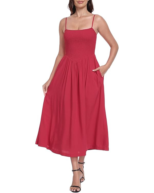 HDE Women's Smocked Midi Dresses Summer Casual Sundress Spaghetti Strap Flowy Drop Waist Beach Va... | Amazon (US)