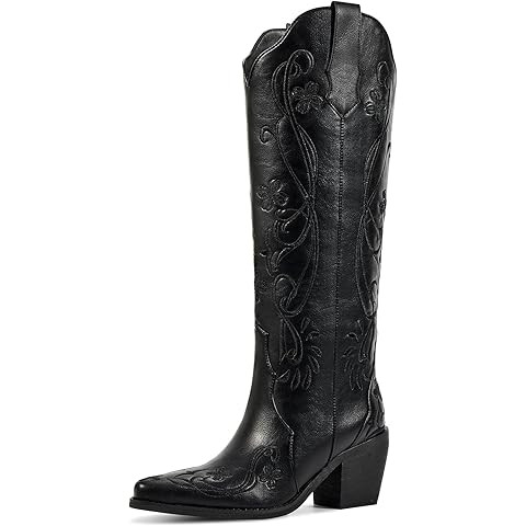 DREAM PAIRS Womens Cowboy Boots Wide Calf Comfortable Pull On Zipper Chunky Heel Pointed Toe Embr... | Amazon (US)